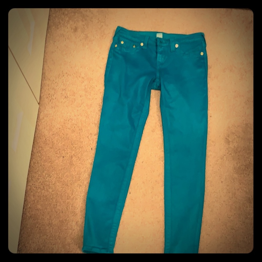 True Religion skinny turquoise jeans.
